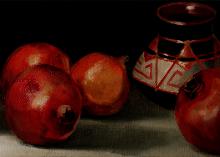 Still life with pomegranates and Georgian ceramics, 20 x 50 cm